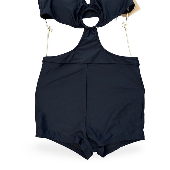 Hilinker Black Cutout Halter One-Piece Swimsuit with High-Waisted Shorts Size S - Picture 3 of 7